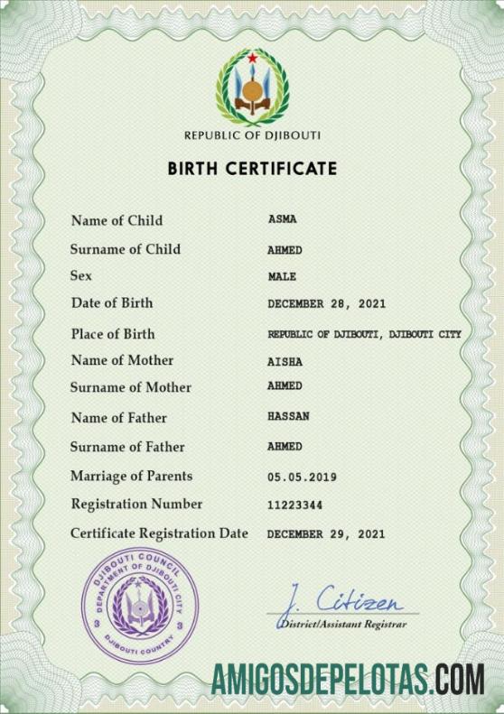 Para baixar modelo PSD de certidão de nascimento de registro vital de Djibuti